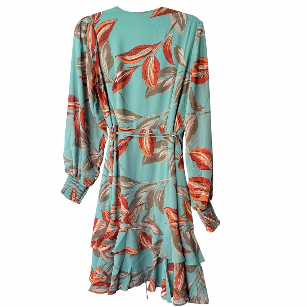NWT Boutique Long Sleeve Blue & Orange Flowy Floral Wrap Mini Dress, Sm, M, Lg - Picture 5 of 9